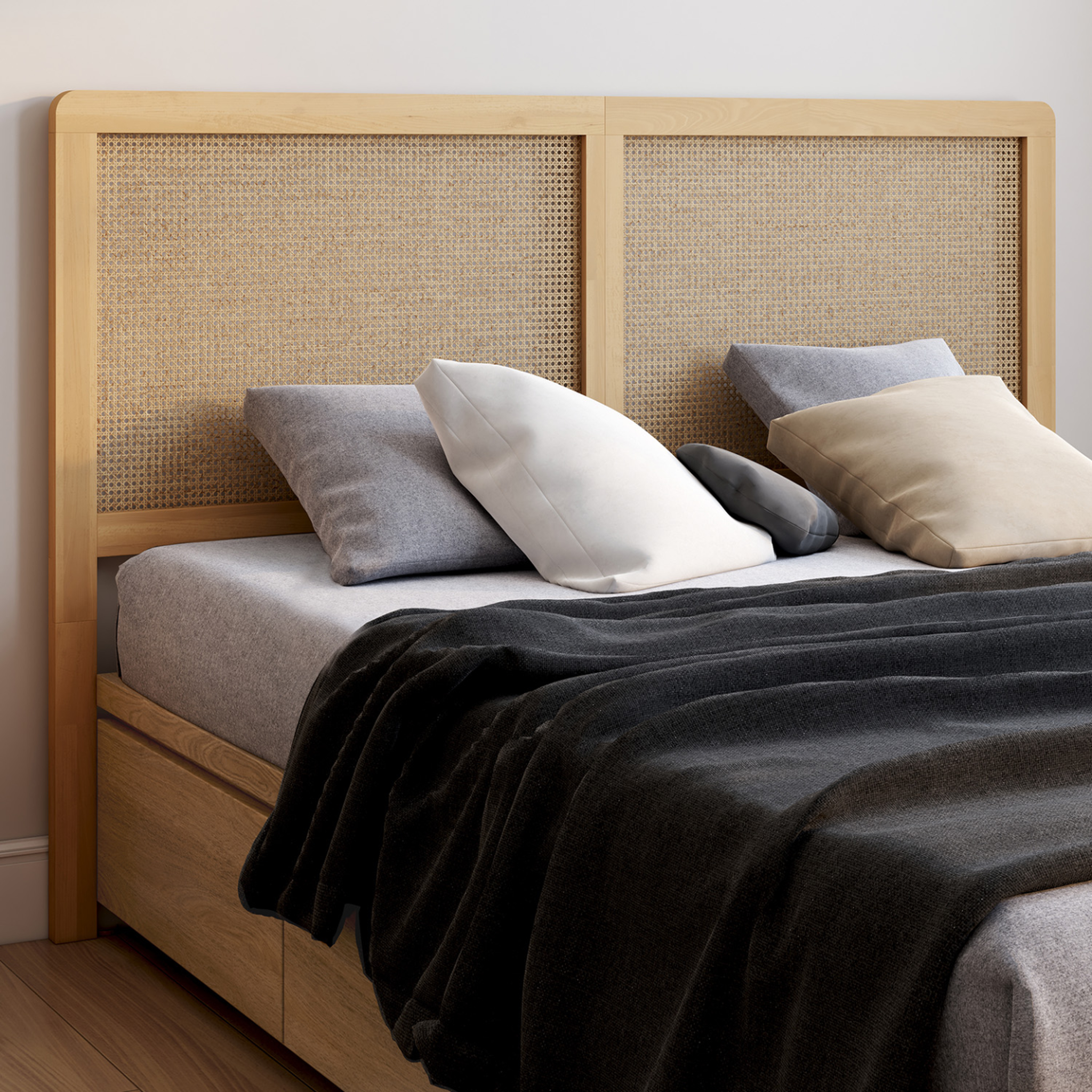 Voir la diapositive 2 : ID MARKET Tête de lit sur pied edhen 160 cm cannage et bois