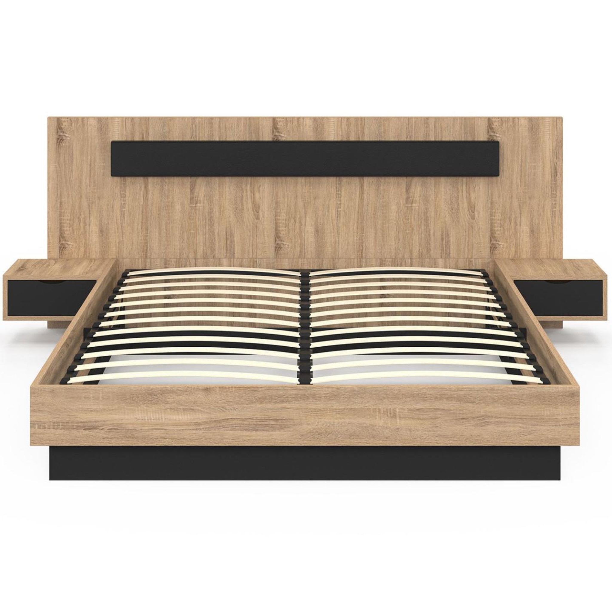 Voir la diapositive 3 : ID MARKET Lit coffre double santa avec tête de lit + tables de chevet intégrées et sommier 160 x 200 cm bois et noir
