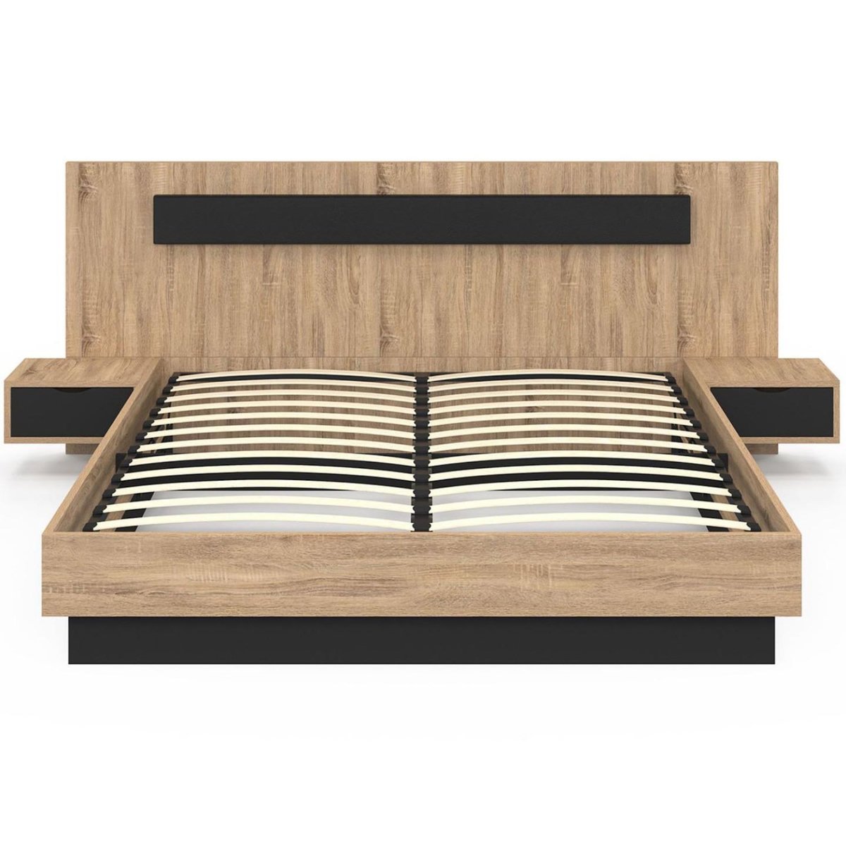 ID MARKET Lit coffre double SANTA avec tête de lit + tables de chevet intégrées et sommier 160 x 200 cm bois et noir