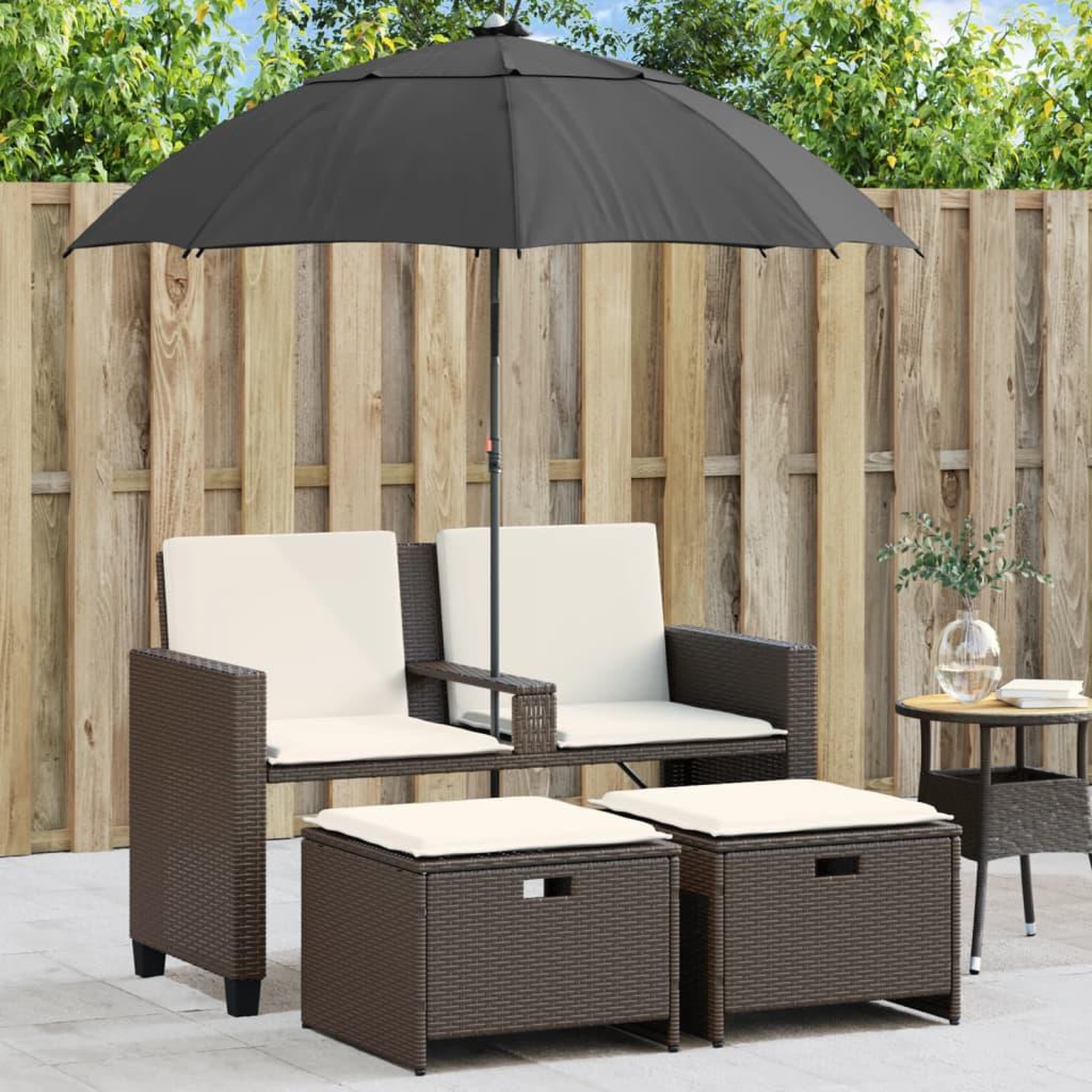 VIDAXL Canape de jardin 2 places et parasol et tabourets marron rotin
