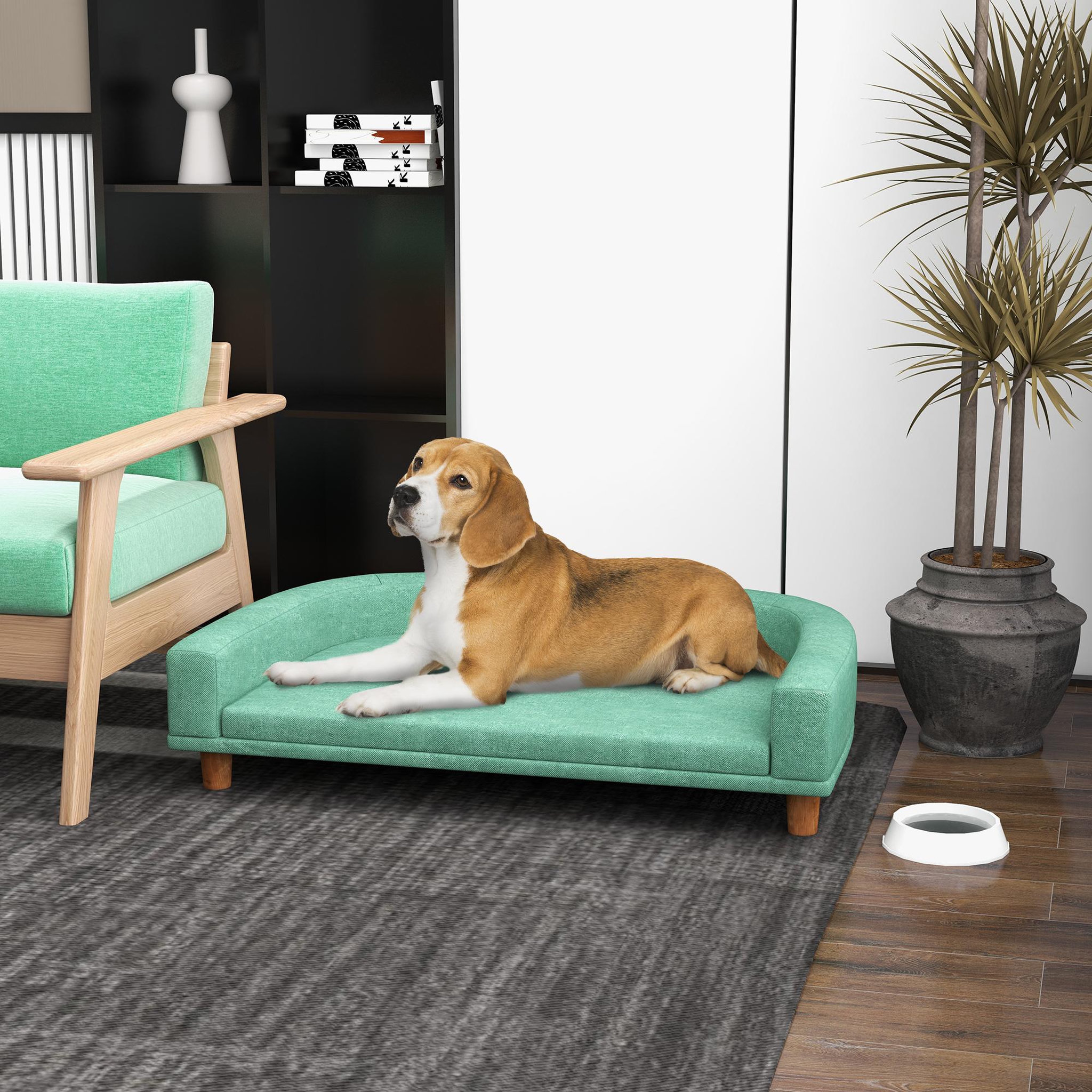Voir la diapositive 2 : PAWHUT Canapé chien lit pour chien design scandinave coussin déhoussable dim 98l x 67l x 25h cm pieds bois tissu polyester vert