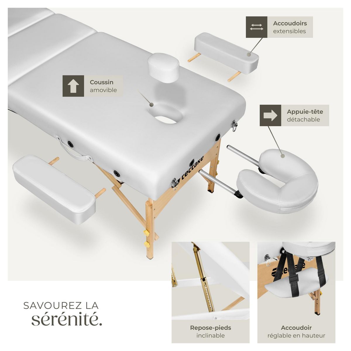 tectake Table de massage portable et pliante à 3 zones largeur 70 cm et rembourrage 10 cm blanc