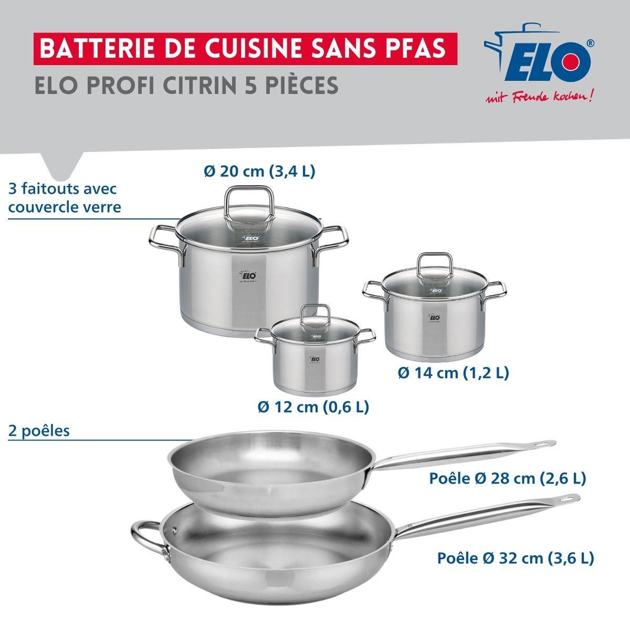 Voir la diapositive 2 : ELO Ensemble de 2 poêles de cuisson 28 et 32 cm et 3 faitouts 12, 14 et 20 cm elo profi citrin