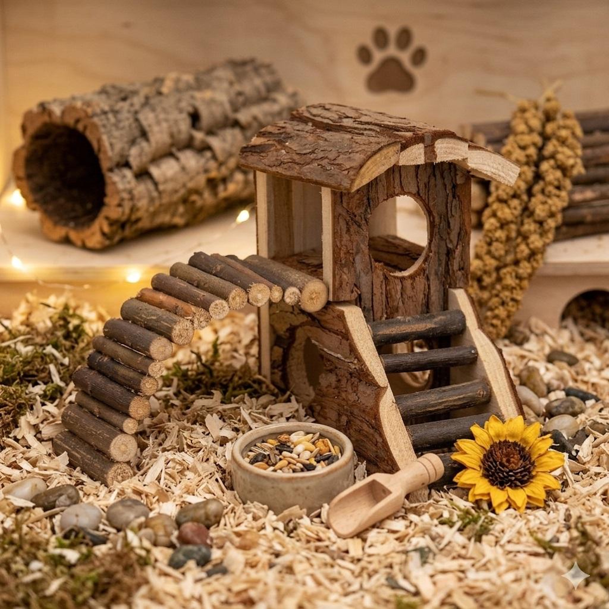 Voir la diapositive 2 : Eden Maison rongeur marty avec 5 ouvertures et pont en bois