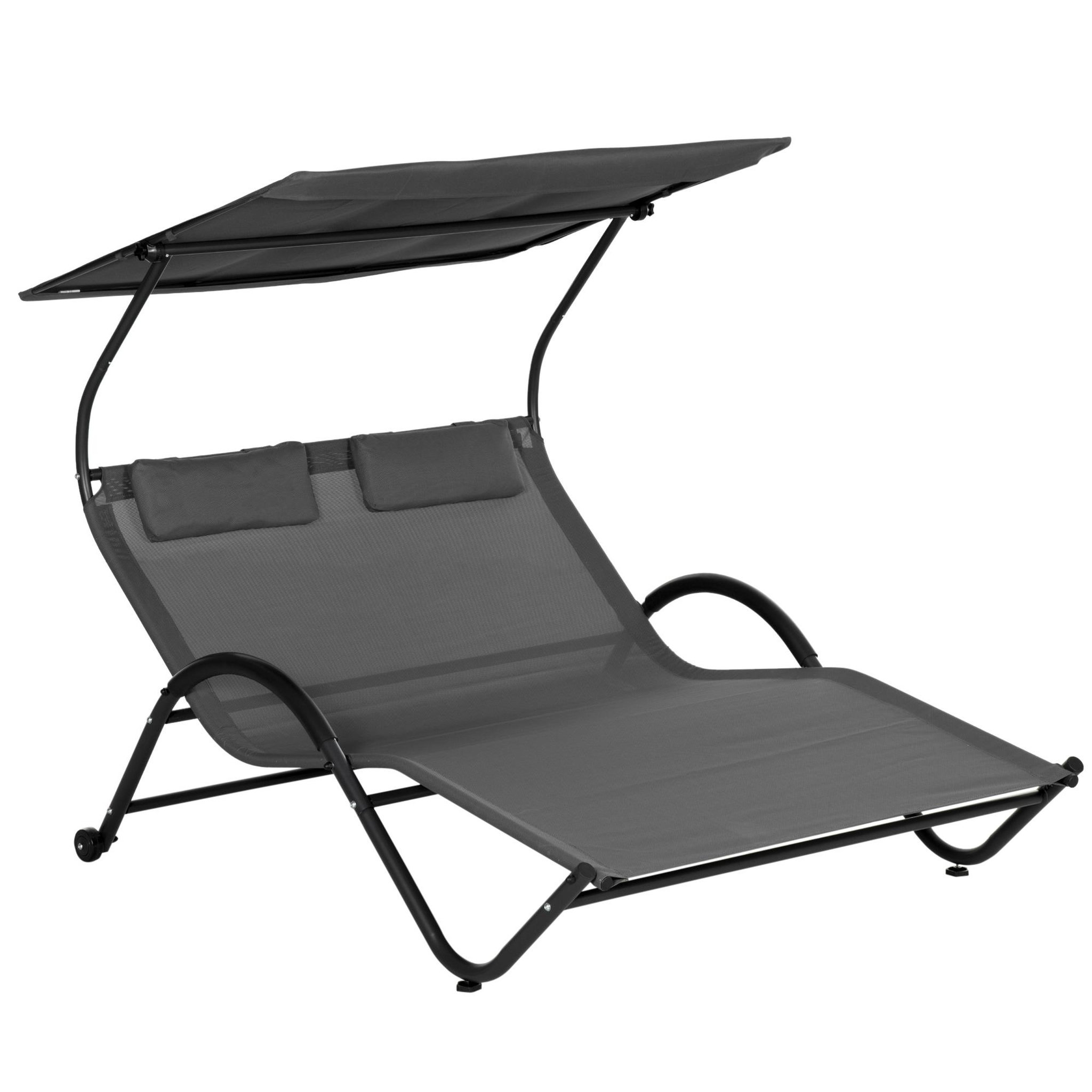 Voir la diapositive 1 : OUTSUNNY Bain de soleil 2 places lit de jardin design contemporain auvent réglable roulettes tétières acier époxy polyester gris