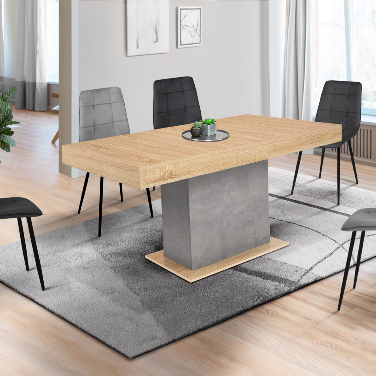 ID MARKET Table à manger extensible rectangle EDEN 6-10 personnes bois et effet béton 160-200 cm