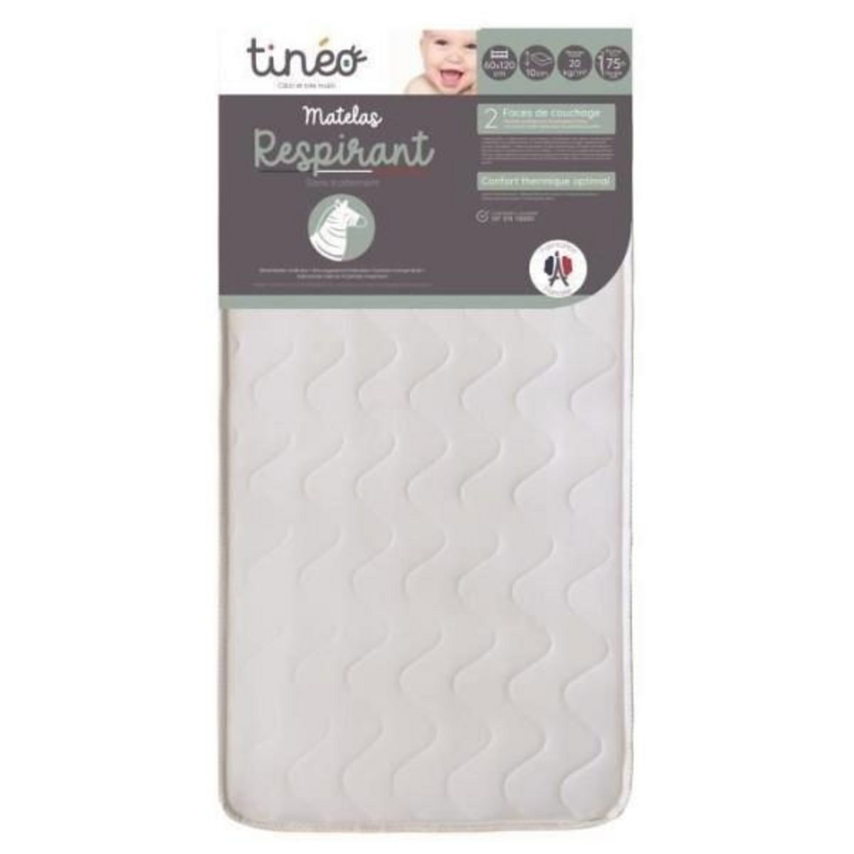 TINEO Matelas Tissu TINEO 60x120 - 10 cm - Respirant