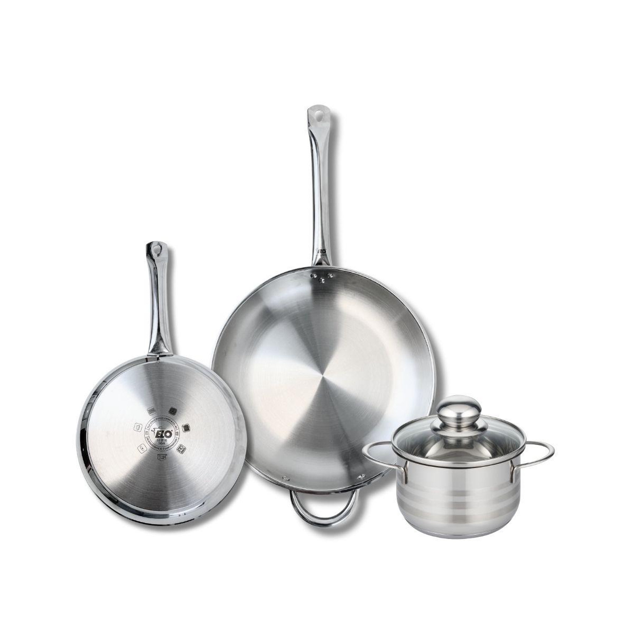 Voir la diapositive 1 : 666 Barcelona Ensemble de 2 Poêles de cuisson 24 et 32 cm et 1 faitout 16 cm Elo Profi Brillant