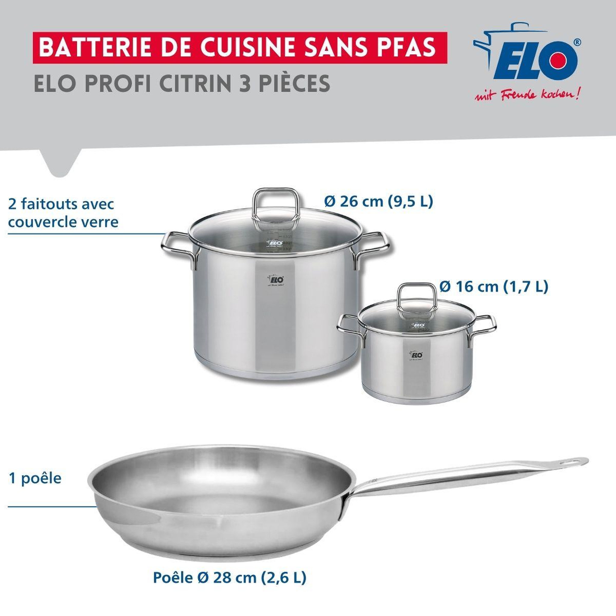 Voir la diapositive 2 : ELO Ensemble de 1 poêle de cuisson 28 cm et 2 faitouts 16 et 26 cm elo profi citrin