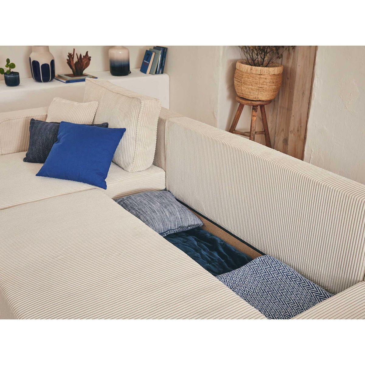 BEST MOBILIER Topaze - canapé panoramique en u - 7 places - convertible avec coffre - en velours côtelé