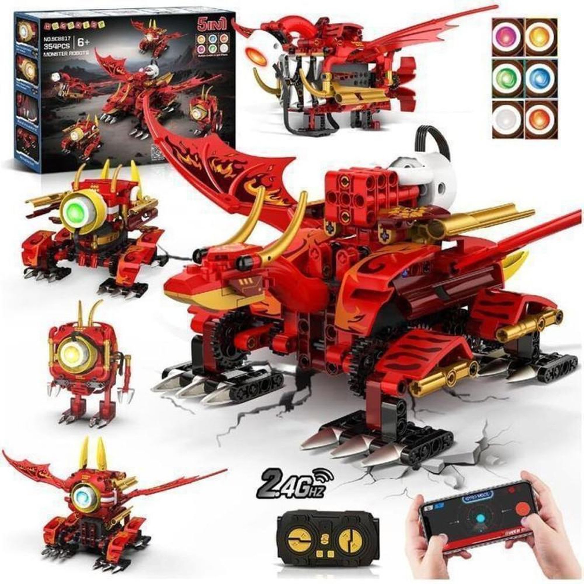 Robot Dragon RC 5-en-1 à construire, 354 pièces, yeux LED 6 couleurs, commande 2,4 GHz et app