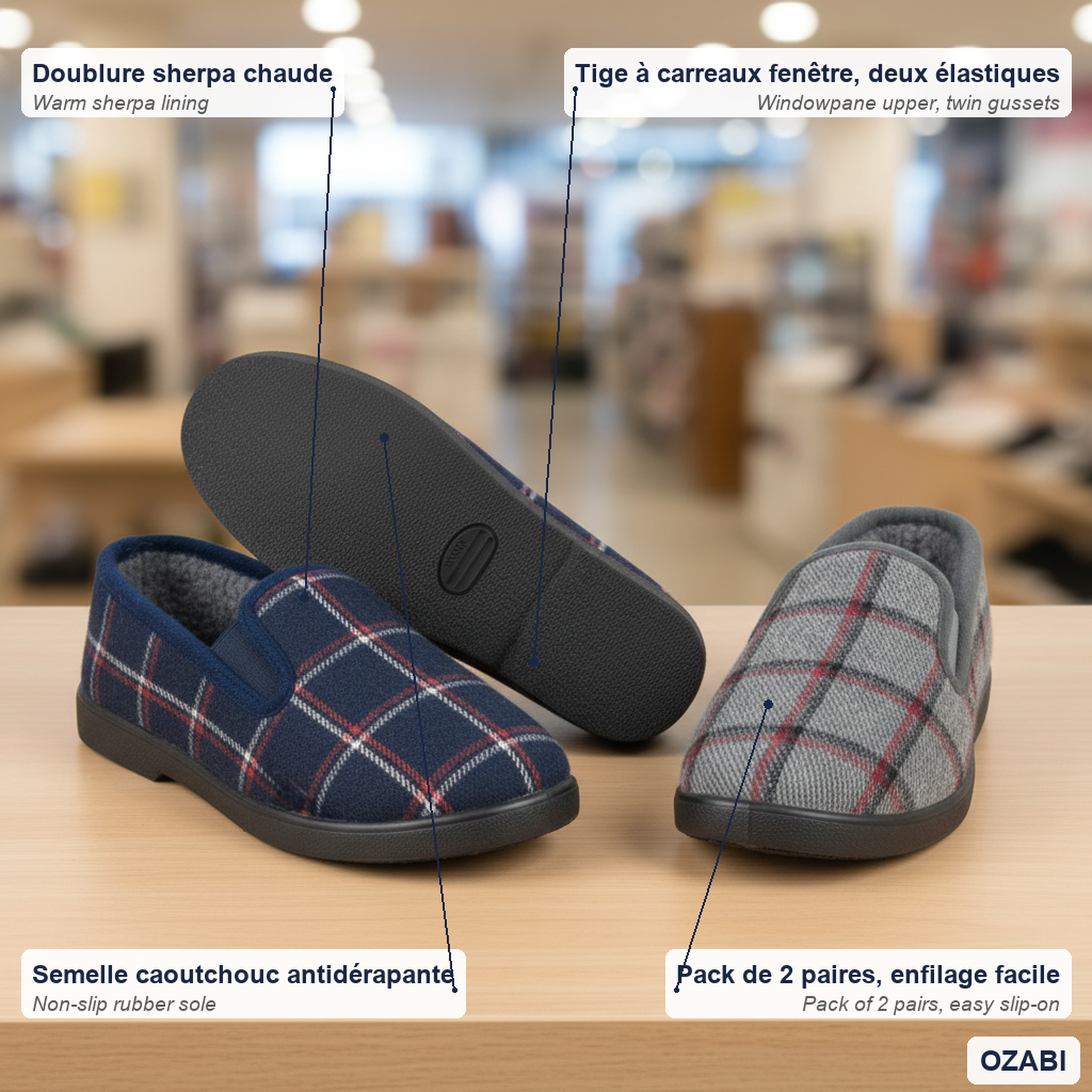 Voir la diapositive 5 : OZABI Ozabi pantoufles charentaises homme pack de 2 paires semelle antidérapante