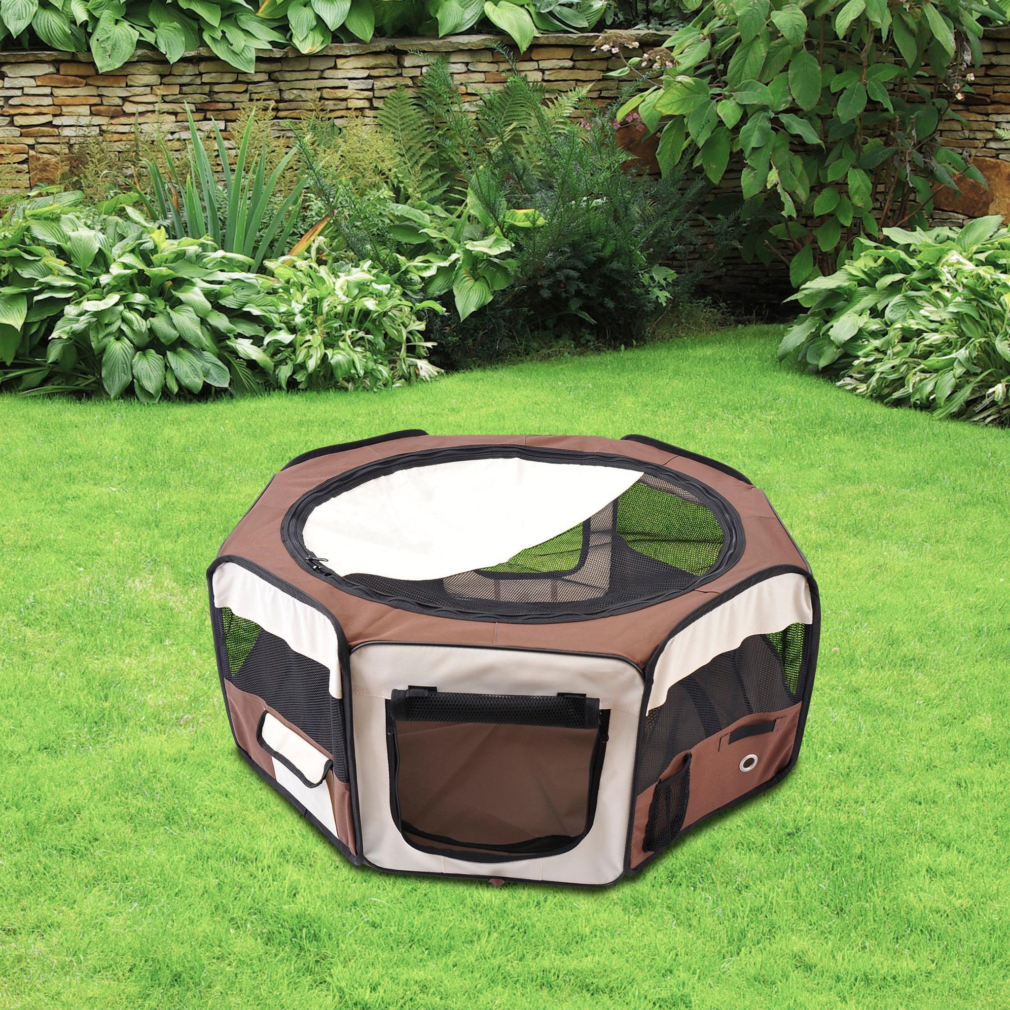 Voir la diapositive 5 : PAWHUT Parc enclos pliable chien chat Ø 90 x 41H cm - 2 portes, 2 poches, sac transport - acier Oxford marron beige