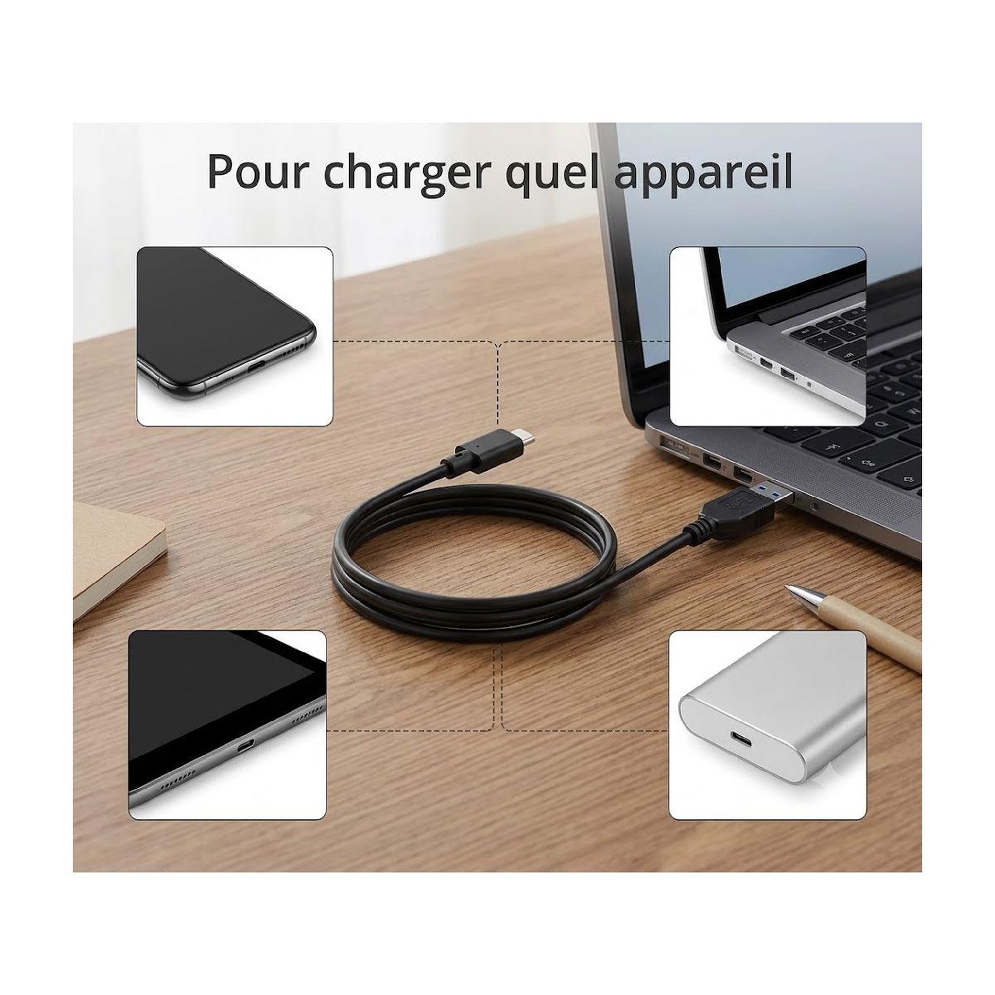 Voir la diapositive 3 : ESSENTIEL B Câble usb c câble vers usb 2m noir compatible iphone 17 16 15 pro max, samsung galaxy s25 s24 ultra