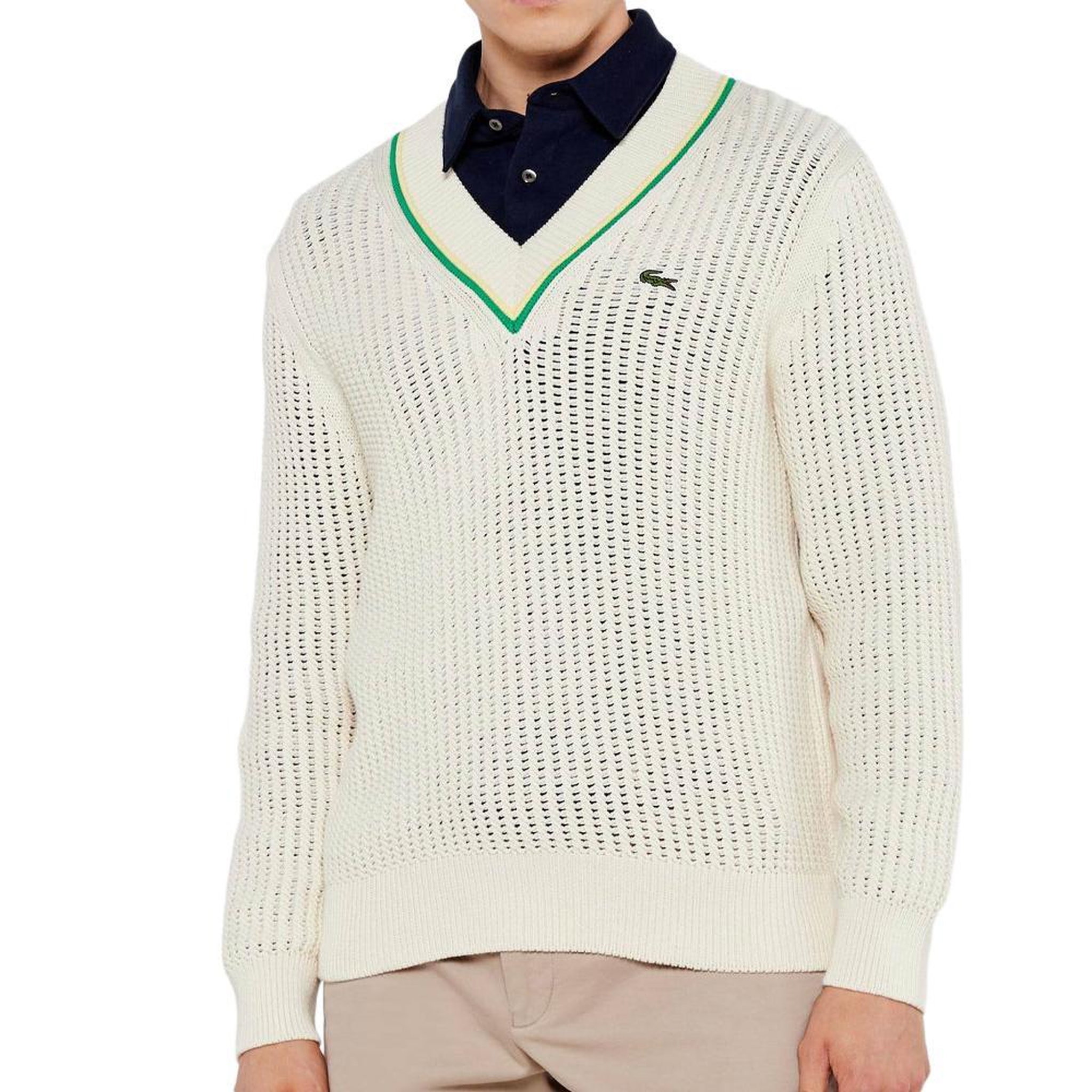 Lacoste Pull blanc homme lacoste tennis rayures. Coloris disponibles : Blanc