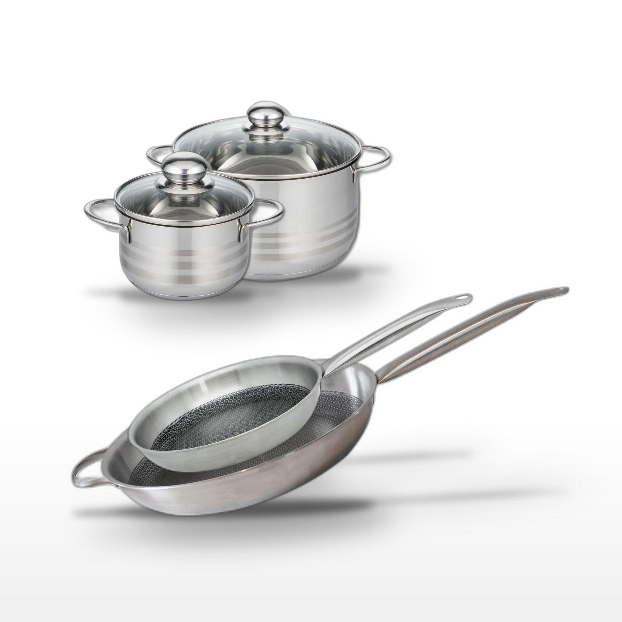 ELO Batterie de cuisine avec 2 faitouts 16/20 cm et 2 poêles 28/32 cm en inox sans pfas elo collection relief solution brillant