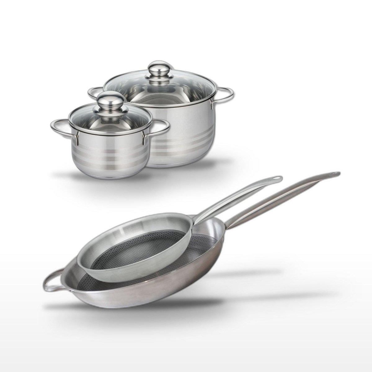 ELO Batterie de cuisine avec 2 faitouts 16/20 cm et 2 poêles 28/32 cm en inox sans PFAS Elo Collection Relief Solution Brillant