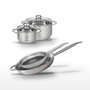 Voir la diapositive 1 : ELO Batterie de cuisine avec 2 faitouts 16/20 cm et 2 poêles 28/32 cm en inox sans PFAS Elo Collection Relief Solution Brillant