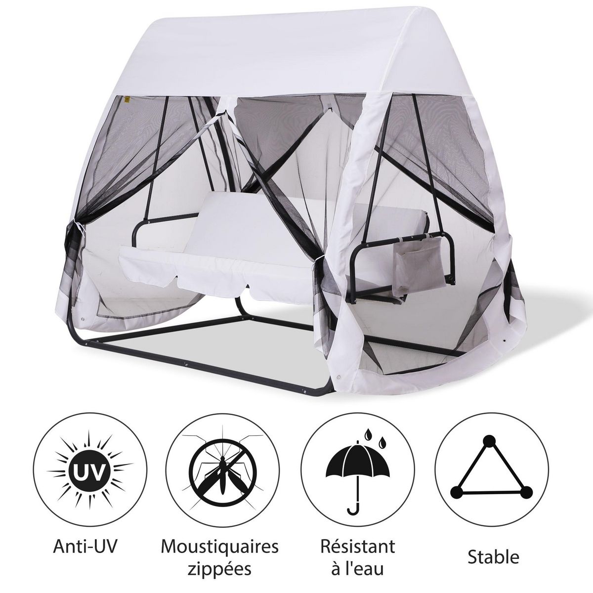 OUTSUNNY Balancelle de jardin convertible 3 places grand confort : matelas assise dossier, moustiquaire intégrale zippée avec toit,  pochette rangement métal époxy polyester blanc