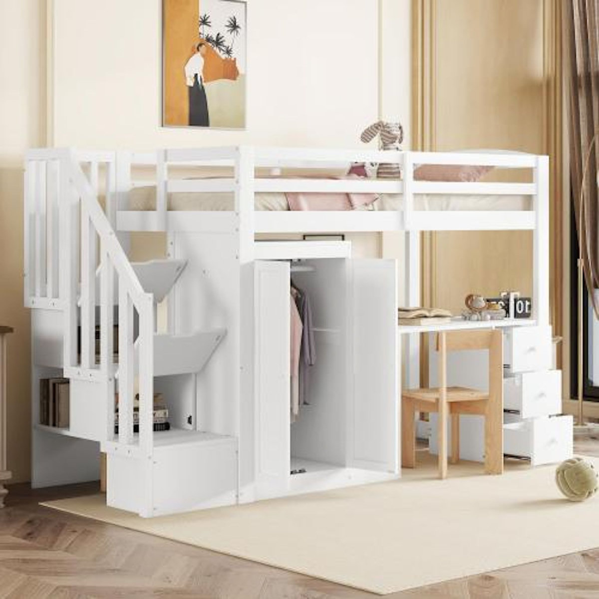 MERAX Lit combiné enfant 90x200 cm coloris blanc pin
