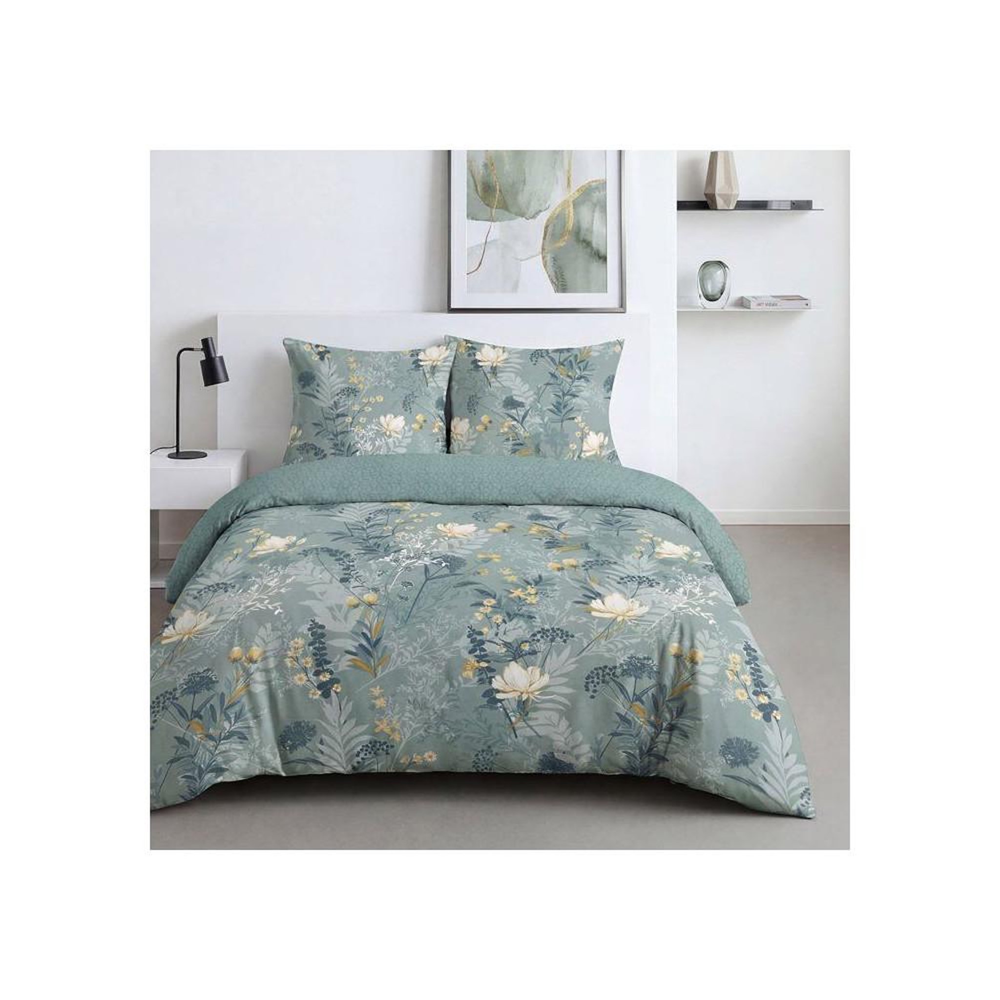 Today Parure housse de couette today sunshine réversible coton imprimé floral bleu 240x220 cm, 2 taies 63x63 cm, 3 pièces