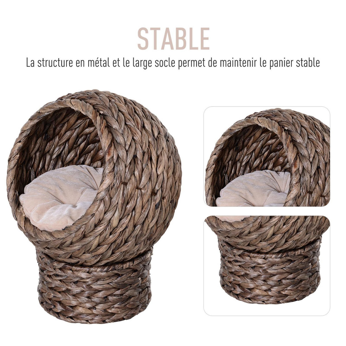 PAWHUT PawHut Panier chat lit chat cosy grand confort dim. 42L x 33l x 52H cm coloris gris coussin moelleux beige inclus