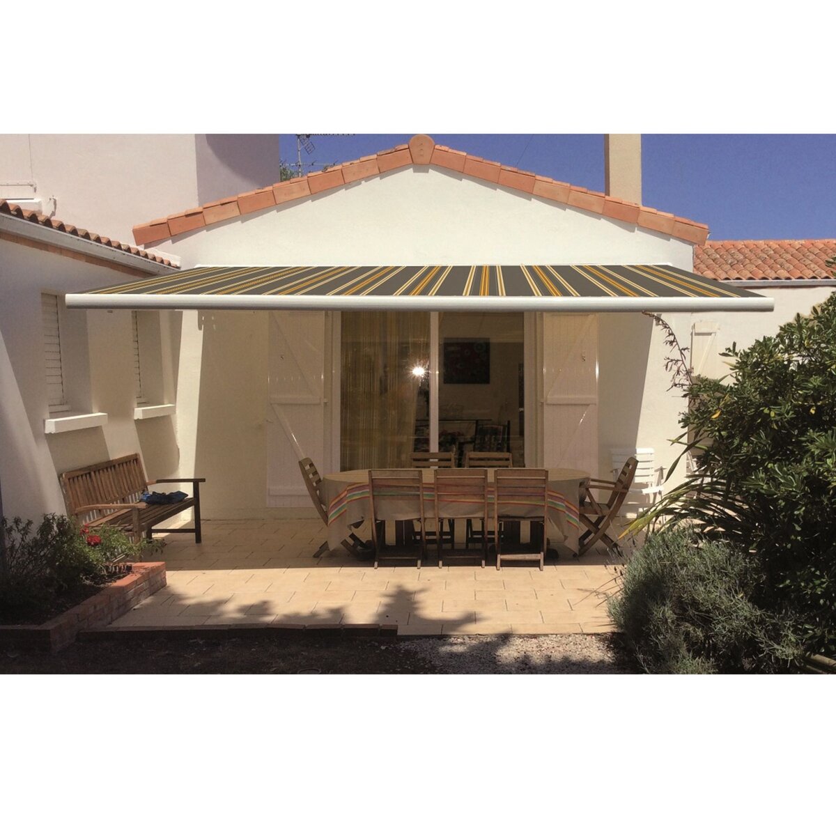 INTERSUN Store manuel ROMA 5x3m toile rayée coffre intégral blanc 