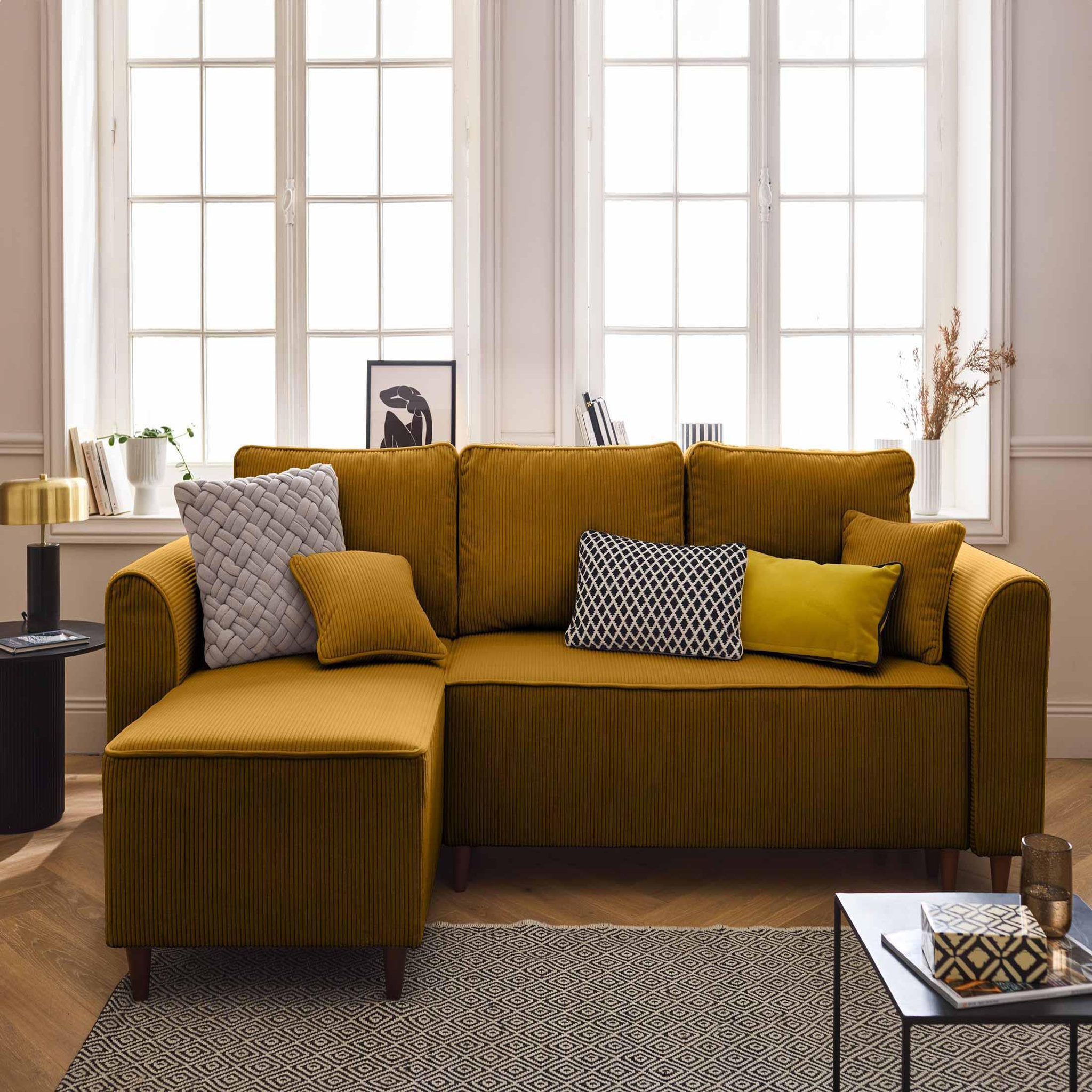 Voir la diapositive 1 : BEST MOBILIER Saphir - canapé d'angle réversible 4 places - convertible avec coffre - en velours côtelé