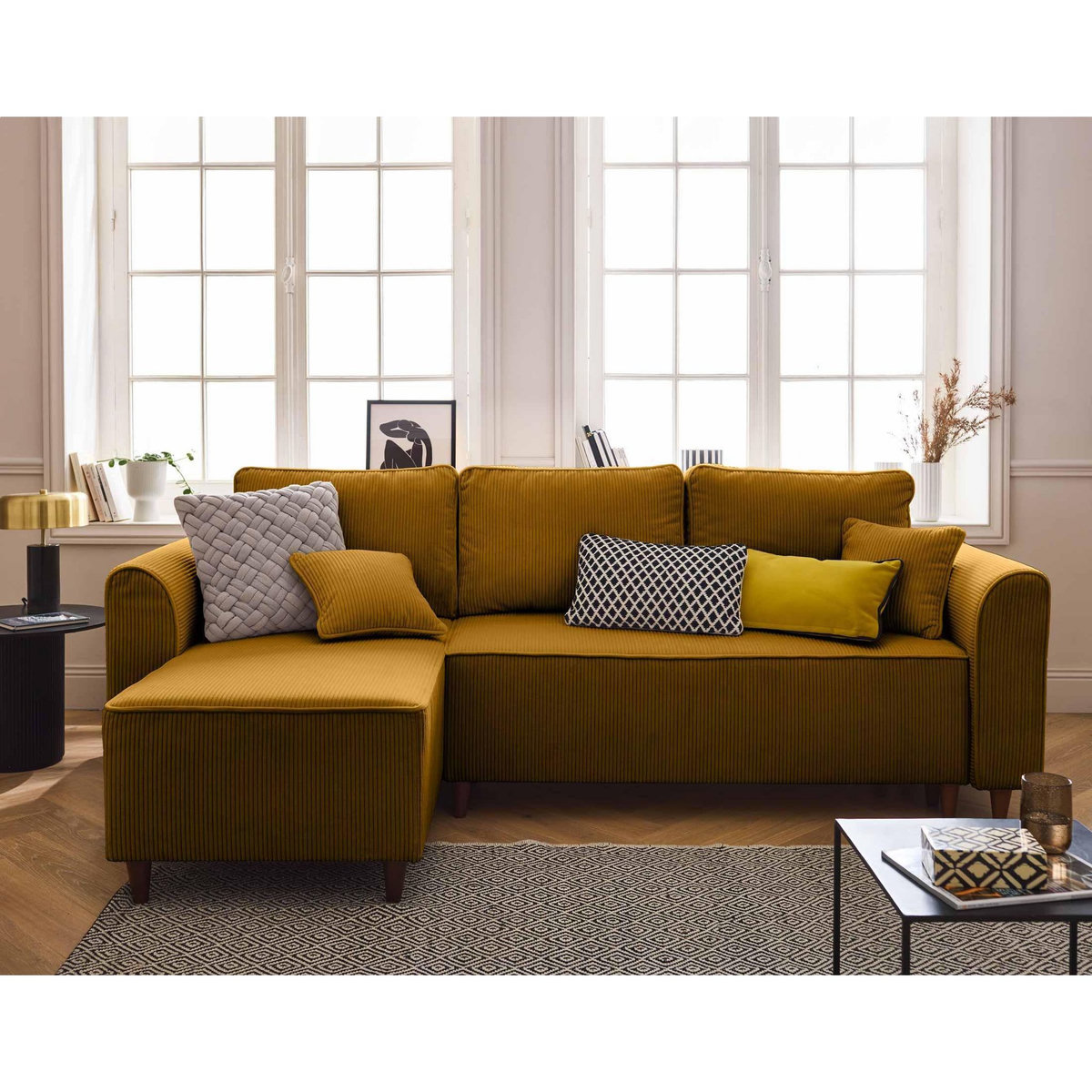 BEST MOBILIER Saphir - canapé d'angle réversible 4 places - convertible avec coffre - en velours côtelé