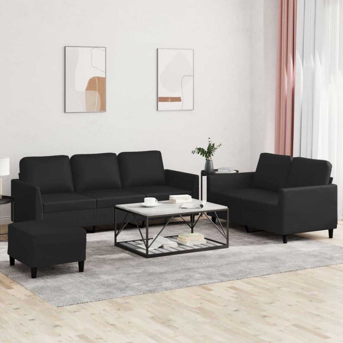 VIDAXL Ensemble de canapes 3 pcs avec coussins Noir Similicuir