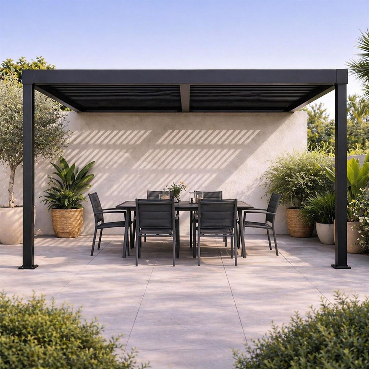 CONCEPT USINE Pergola bioclimatique adossée en aluminium noir 3x3m SIFNOS
