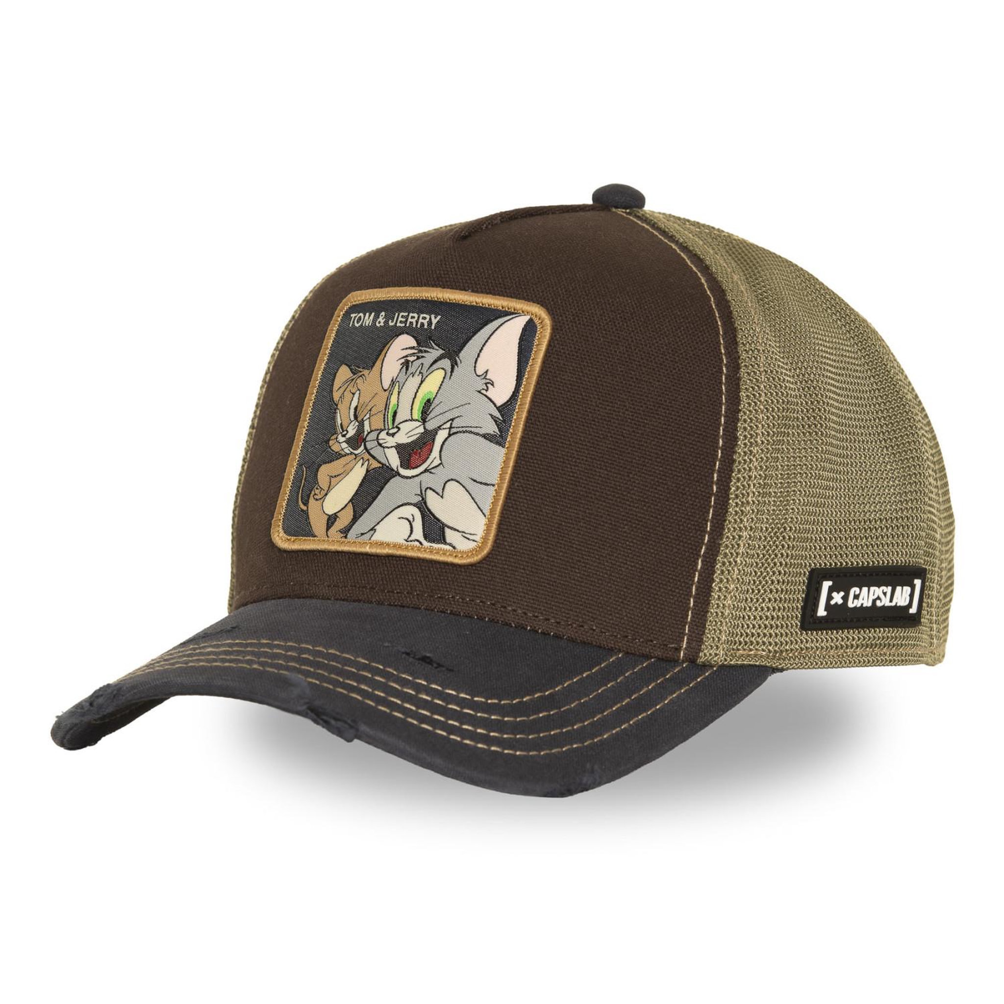 CAPSLAB Casquette trucker premium avec filet et patch tom&jerry. Coloris disponibles : Marron