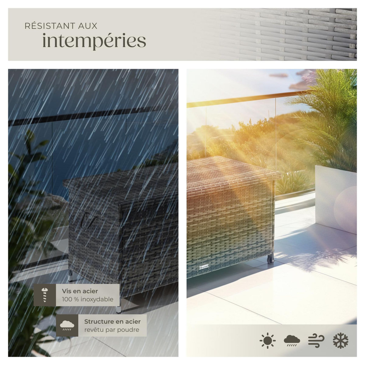 tectake Coffre de jardin pour coussins 270 l, avec tressage en rotin gris