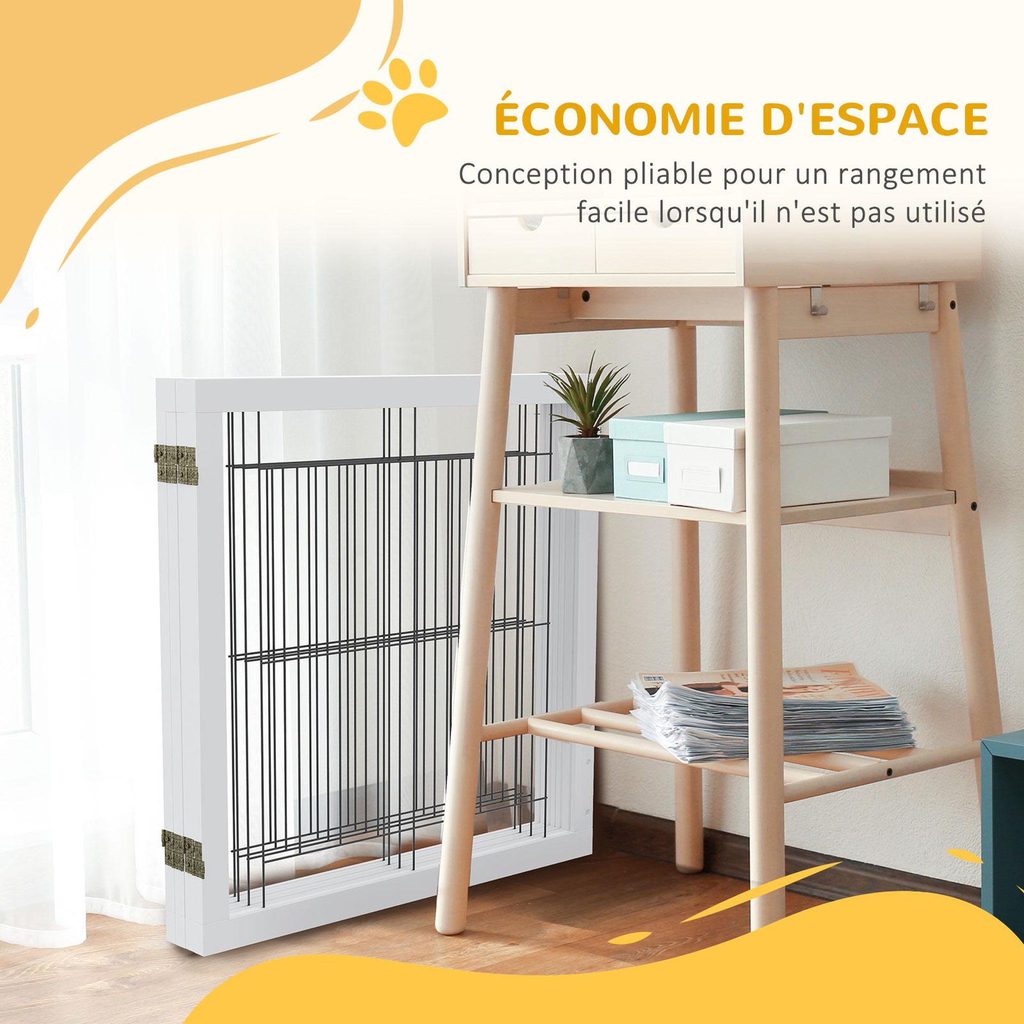 Voir la diapositive 5 : PAWHUT Barrière de sécurité pour animaux autoportante - barrière modulable pliable 4 panneaux - 2 pieds support - acier noir bois blanc