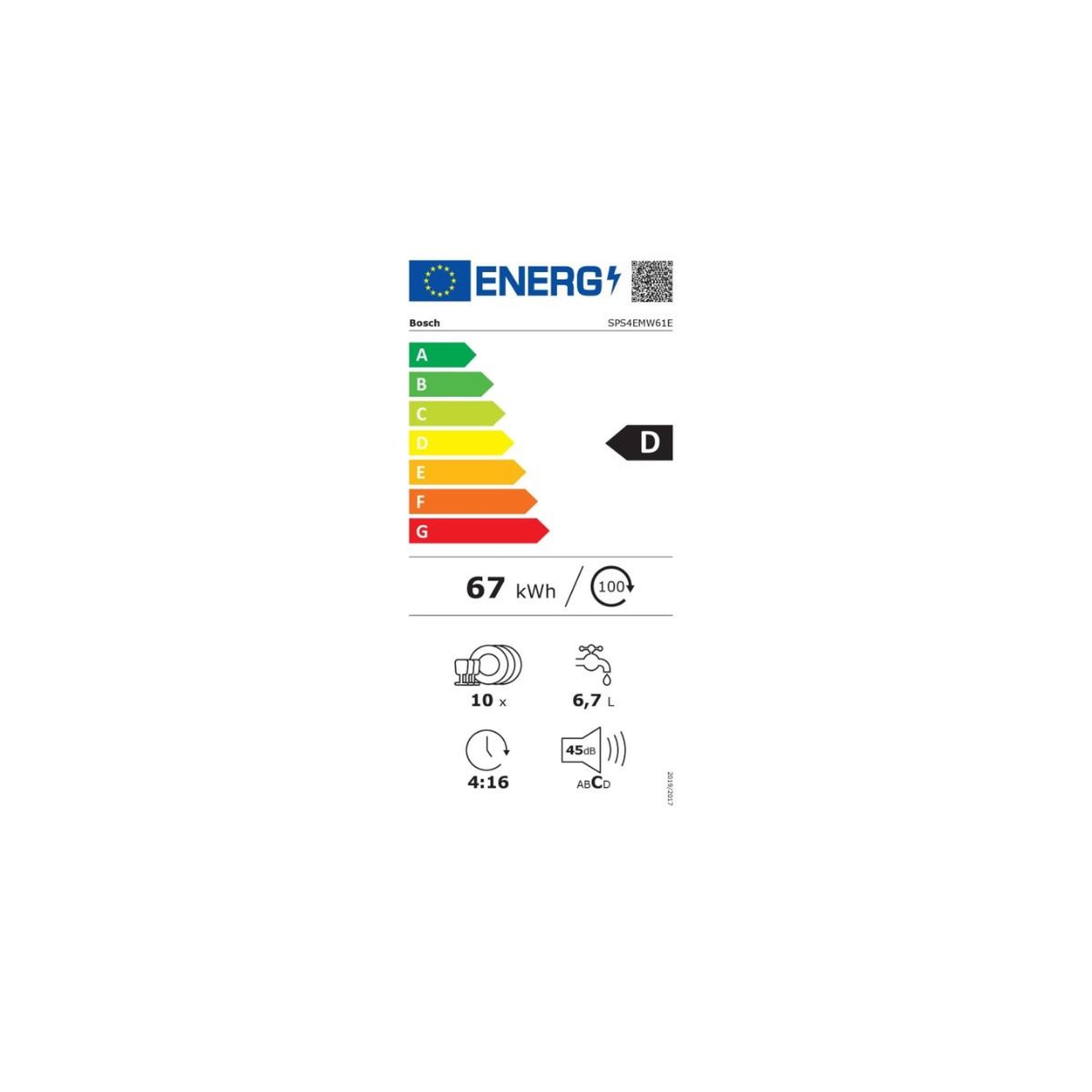 Voir la diapositive 2 : BOSCH Lave-vaisselle 10 couverts 45db blanc - SPS4EMW61E