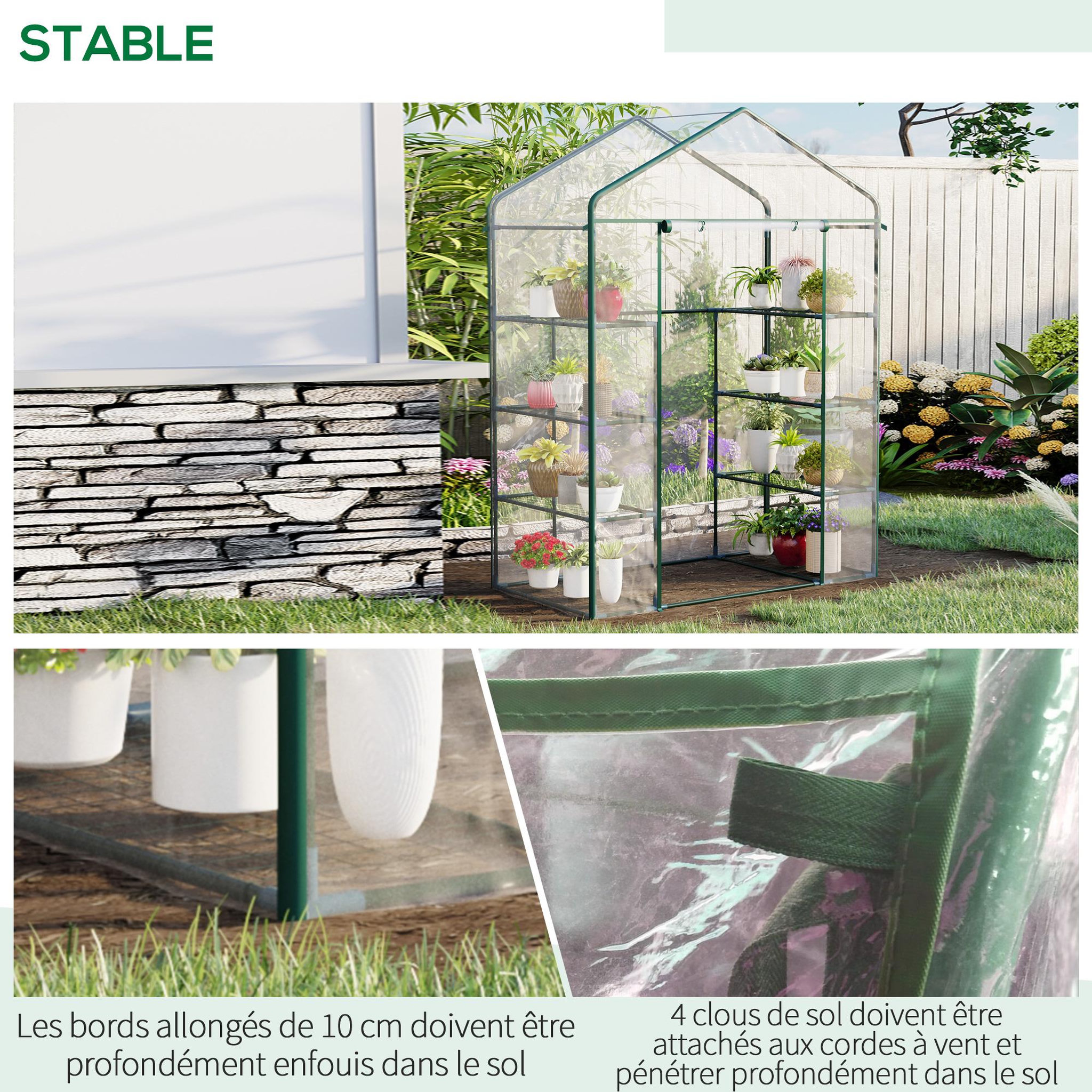 Voir la diapositive 6 : OUTSUNNY Serre de jardin balcon terrasse 8 étagères dim. 143l x 73l x 195h cm acier pvc imperméable anti-uv transparent vert