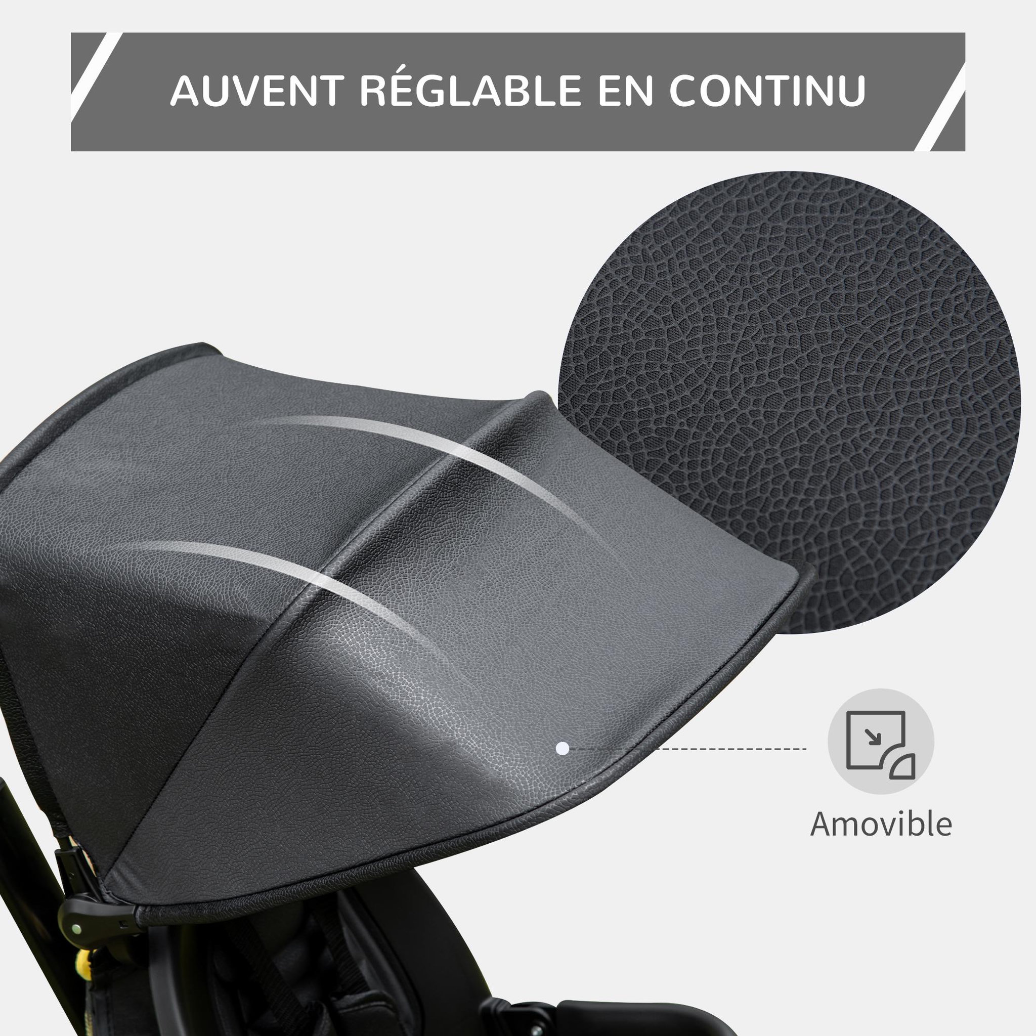 Voir la diapositive 5 : HOMCOM Tricycle enfant évolutif pliable - pare-soleil, canne télescopique amovible - siège pivotant, harnais, arceau sécurité - repose-pied - 3 paniers rangement - métal PP noir