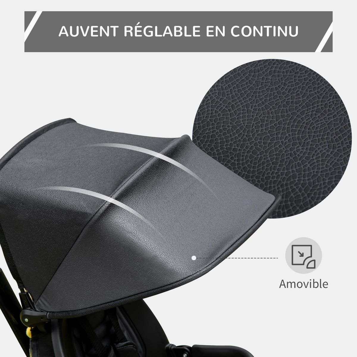 HOMCOM Tricycle enfant évolutif pliable - pare-soleil, canne télescopique amovible - siège pivotant, harnais, arceau sécurité - repose-pied - 3 paniers rangement - métal PP noir