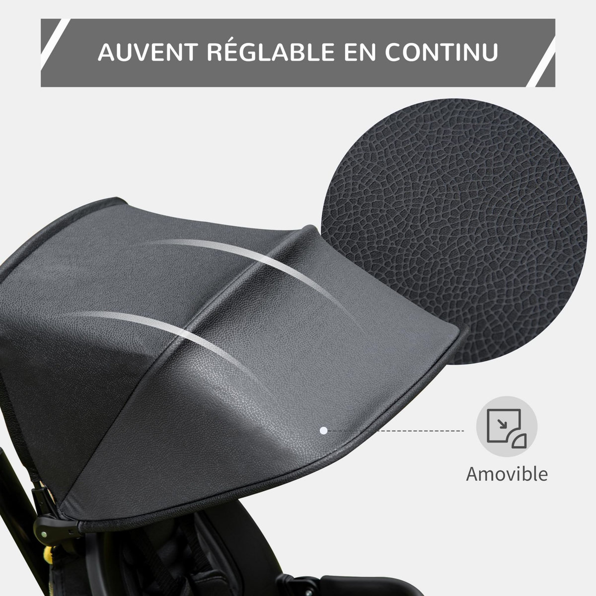 HOMCOM Tricycle enfant évolutif pliable - pare-soleil, canne télescopique amovible - siège pivotant, harnais, arceau sécurité - repose-pied - 3 paniers rangement - métal PP noir