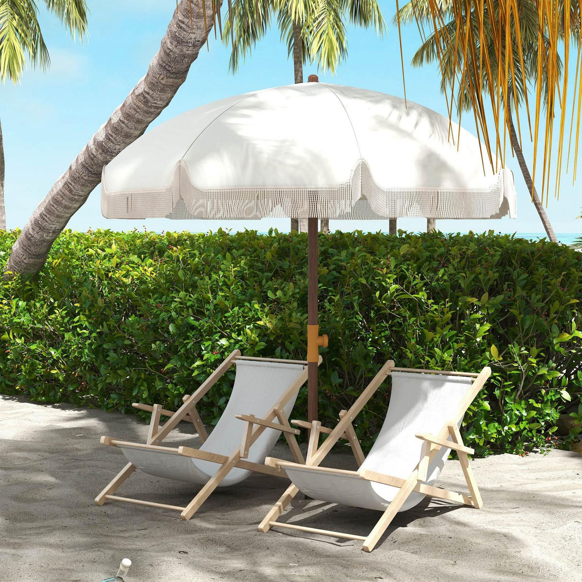 OUTSUNNY Parasol droit de plage jardin style bohème à franges UV40+ crème