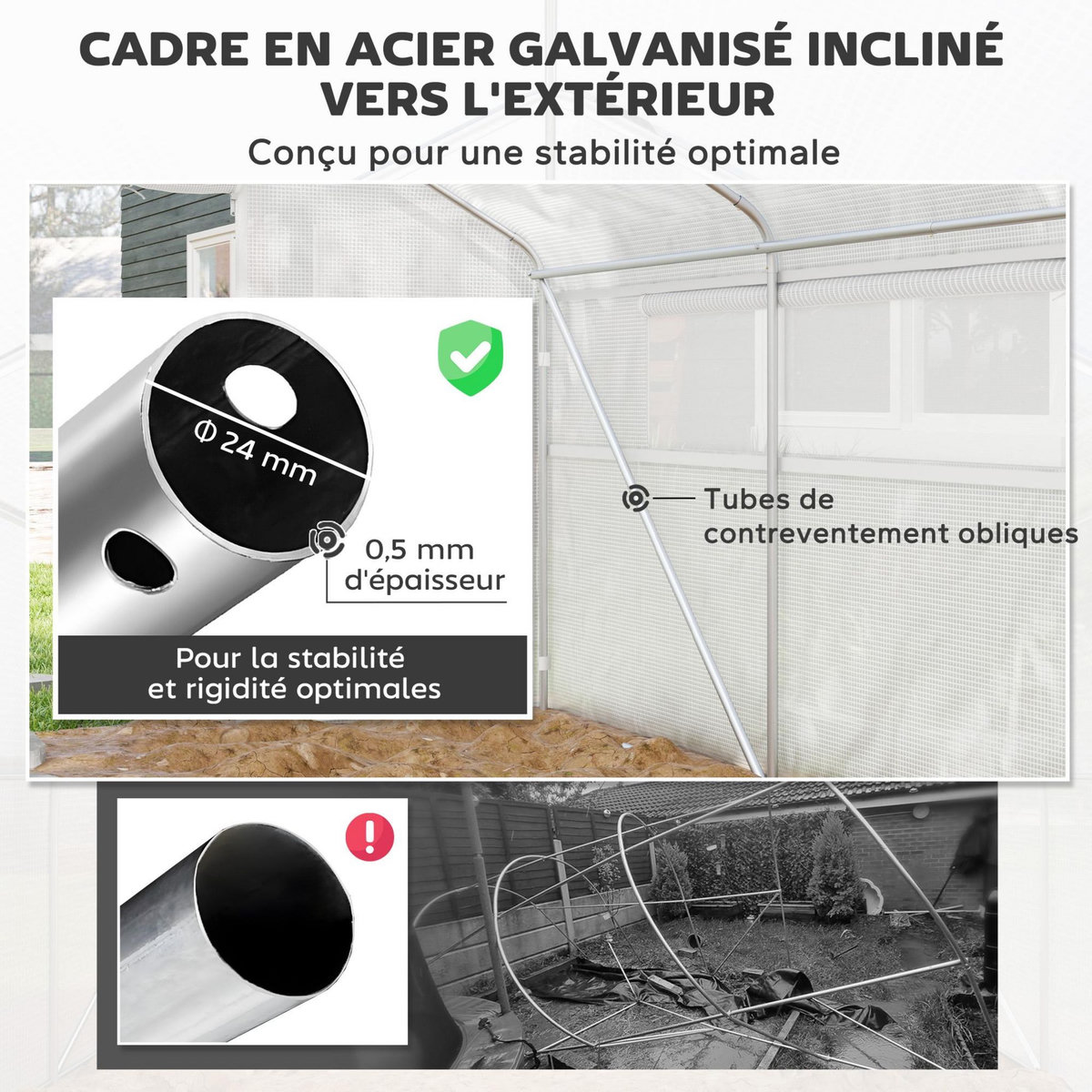 OUTSUNNY Serre de jardin 12 m² - serre tunnel 4 x 3 x 2 m porte 2 grandes fenêtres enroulables maillées acier galvanisé PE blanc