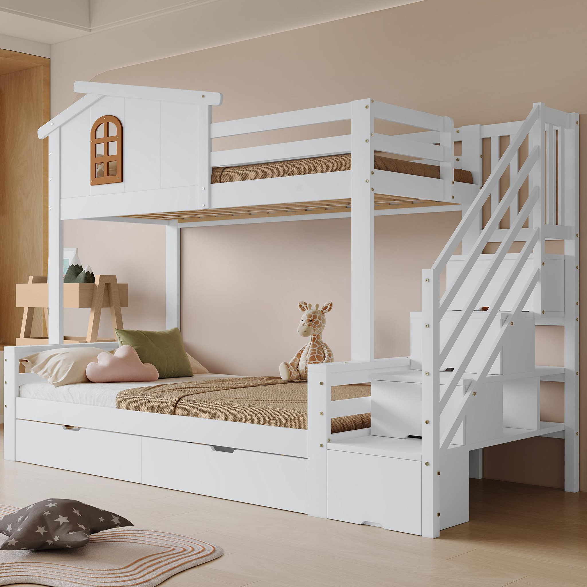 Voir la diapositive 4 : MERAX Lit superposé 120x200(90x200)cm coloris blanc+naturel pin et mdf