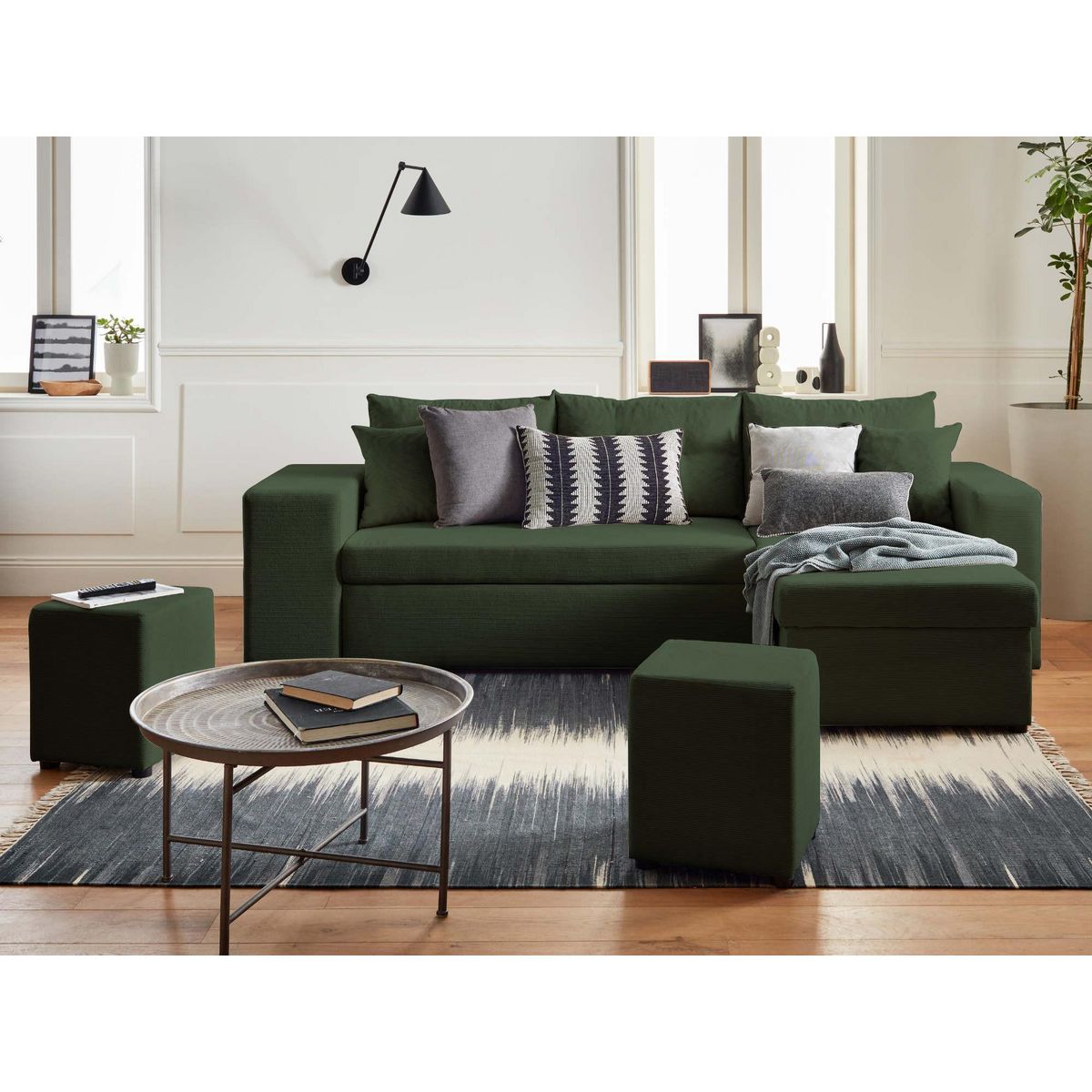 BEST MOBILIER California - canapé d'angle réversible convertible - avec coffre, tablette et poufs - en velours côtelé - 4 places