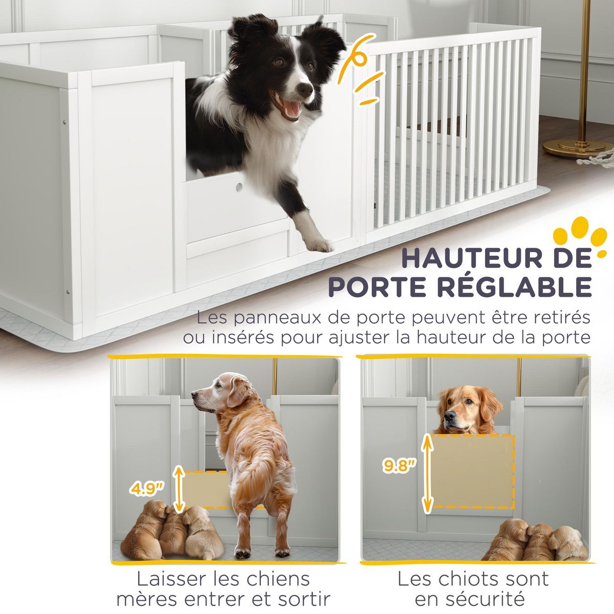 PAWHUT Parc de mise bas pour chien - caisse de mise bas pour chien - hauteur porte réglable - 166 x 80 x 50 cm, blanc