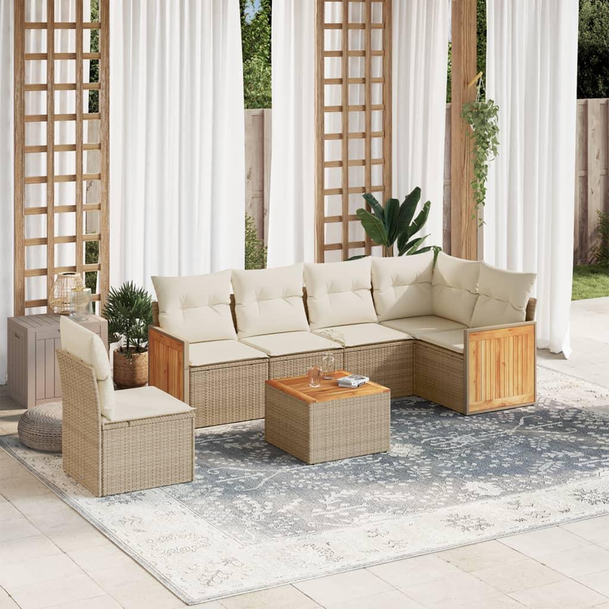 VIDAXL Salon de jardin avec coussins 7 pcs beige resine tressee