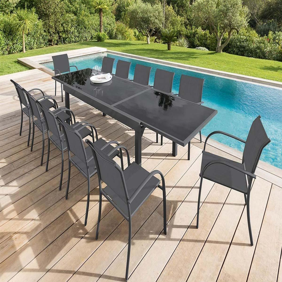 HESPERIDE Table extensible rectangulaire en verre Piazza 6/10 places Gris anthracite - Hespéride