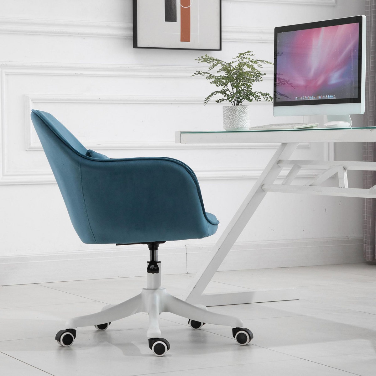 HOMCOM Chaise de bureau velours fauteuil bureau massant coussin lombaire intégré hauteur réglable pivotante 360° bleu