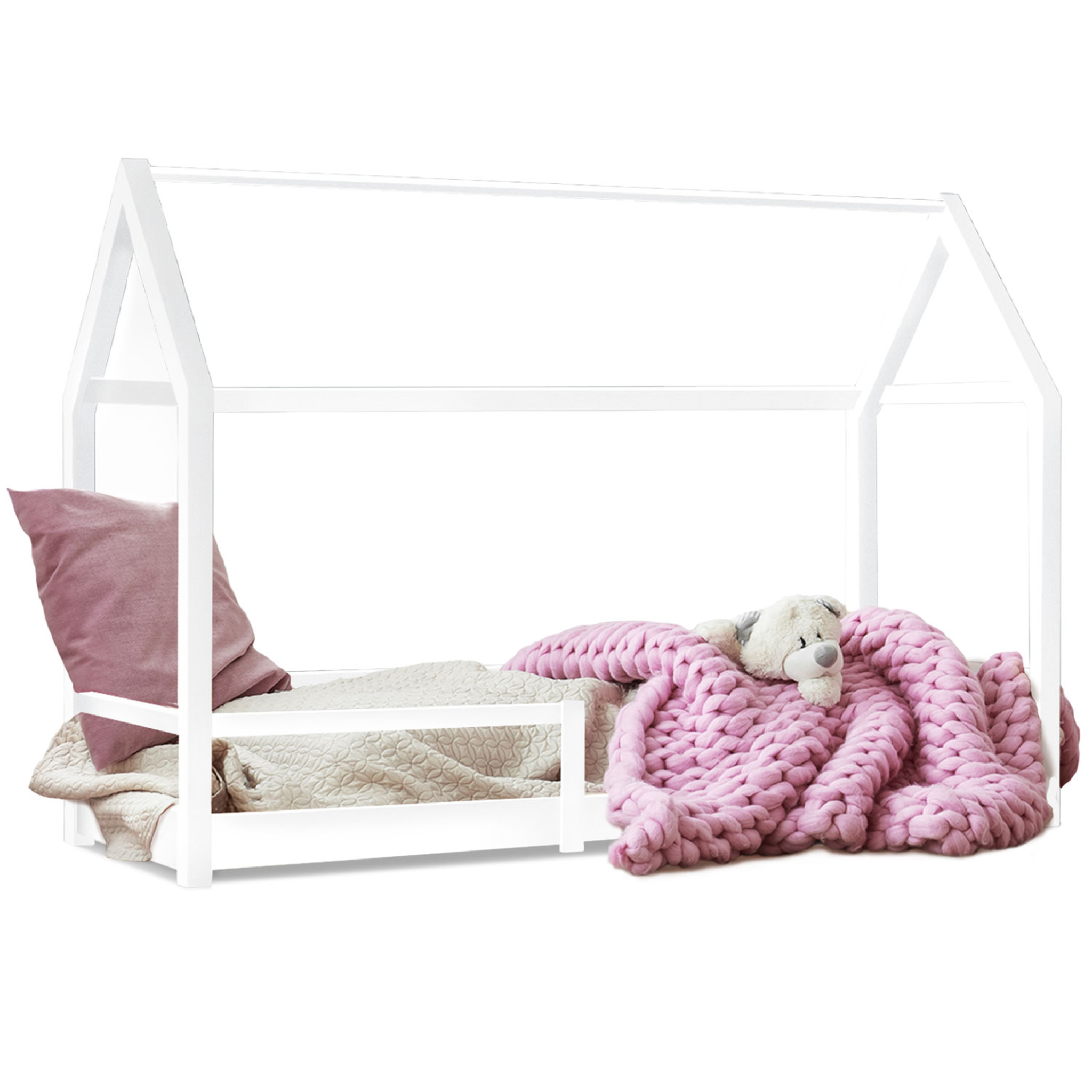 ID MARKET Lit cabane enfant 90 x 190 cm nessi blanc avec sommier et barrières
