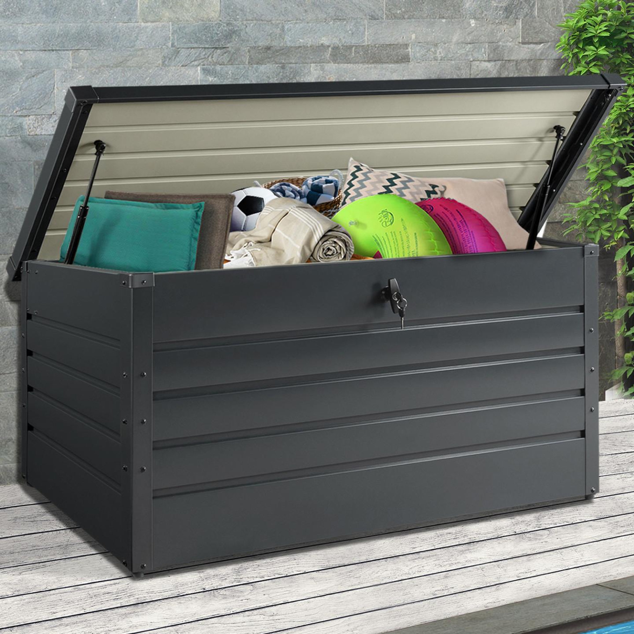 Voir la diapositive 4 : ID MARKET Coffre de rangement métal verrouillable gris anthracite pour jardin 810L