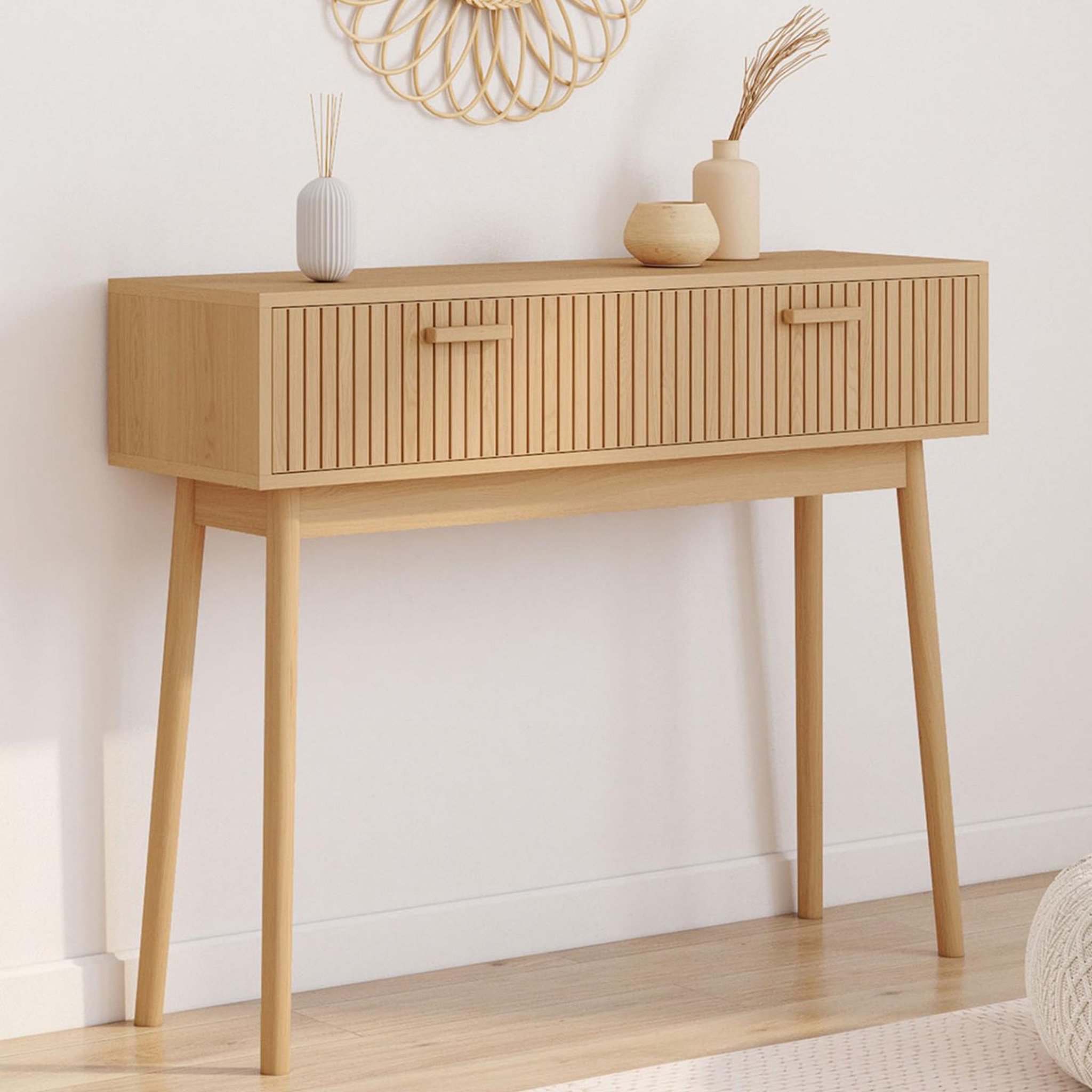 Voir la diapositive 2 : ID MARKET Console 2 tiroirs juliette lattes tasseau bois coloris chêne